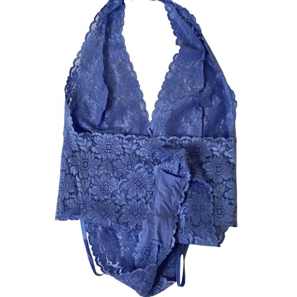 VICTORIA’S SECRET Blue Lace Halter Teddy Women’s Bodysuit Lingerie M Retro Y2K - Picture 4 of 8